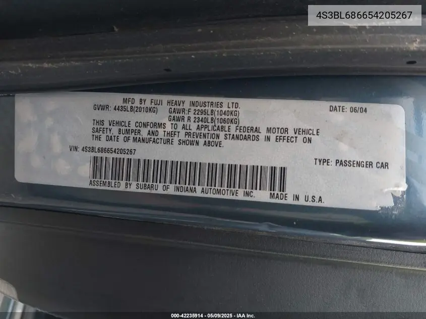 2005 Subaru Legacy 2.5Gt VIN: 4S3BL686654205267 Lot: 42235914