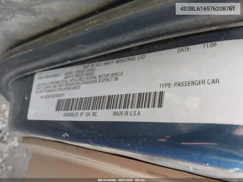 2007 Subaru Legacy 2.5I VIN: 4S3BL616576208761 Lot: 42194308