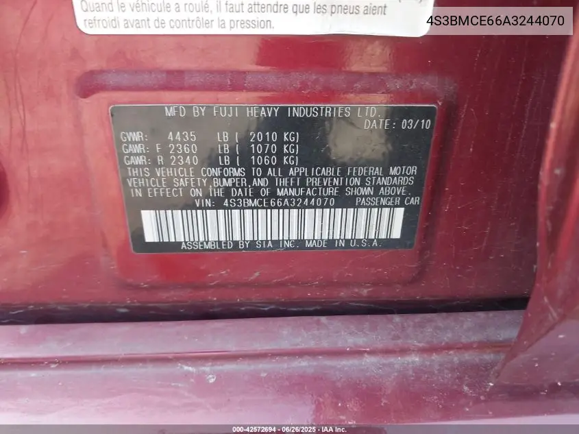 2010 Subaru Legacy 2.5I Premium VIN: 4S3BMCE66A3244070 Lot: 42572694