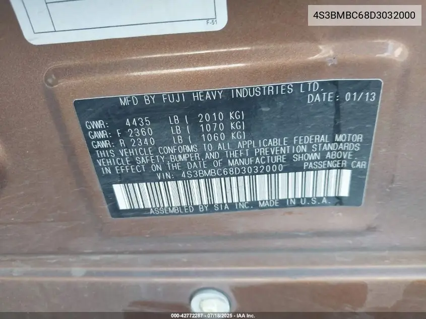 2013 Subaru Legacy 2.5I Premium VIN: 4S3BMBC68D3032000 Lot: 42772287