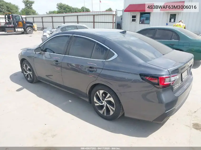 2021 Subaru Legacy Premium VIN: 4S3BWAF63M3006016 Lot: 42037252