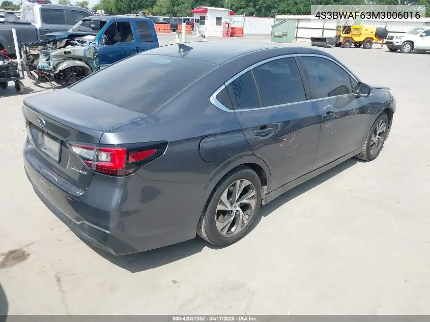 2021 Subaru Legacy Premium VIN: 4S3BWAF63M3006016 Lot: 42037252