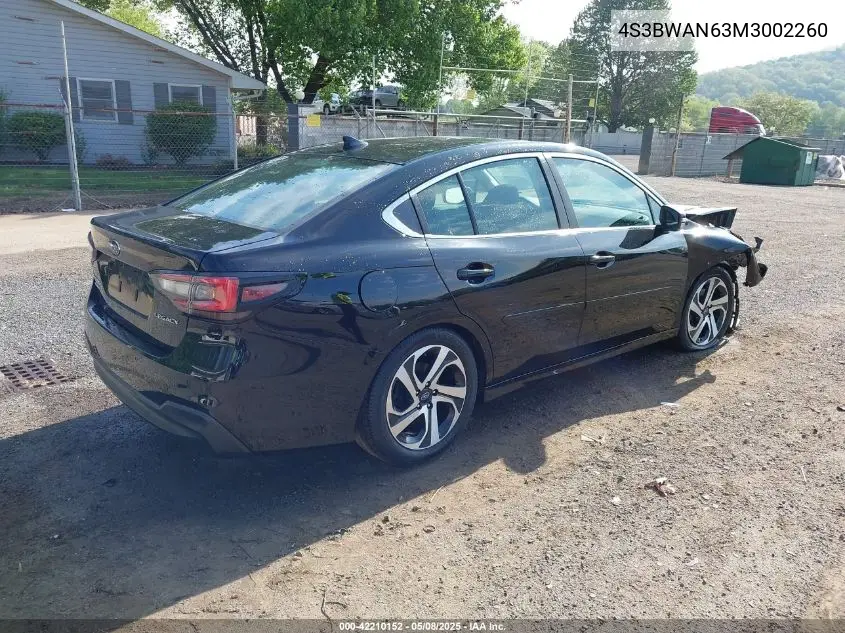 2021 Subaru Legacy Limited VIN: 4S3BWAN63M3002260 Lot: 42210152
