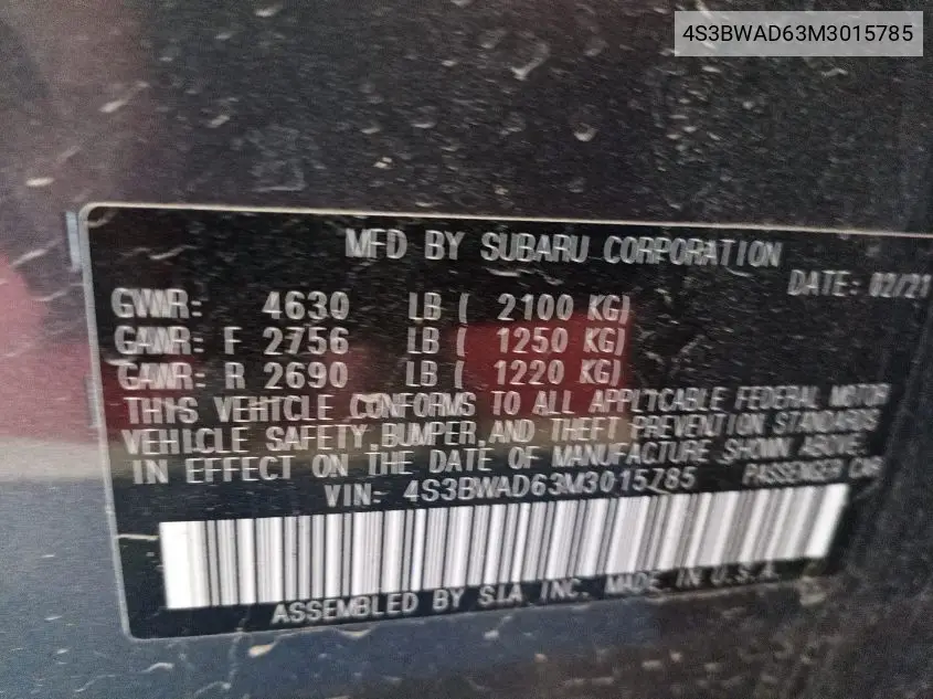 2021 Subaru Legacy Premium VIN: 4S3BWAD63M3015785 Lot: 42624946