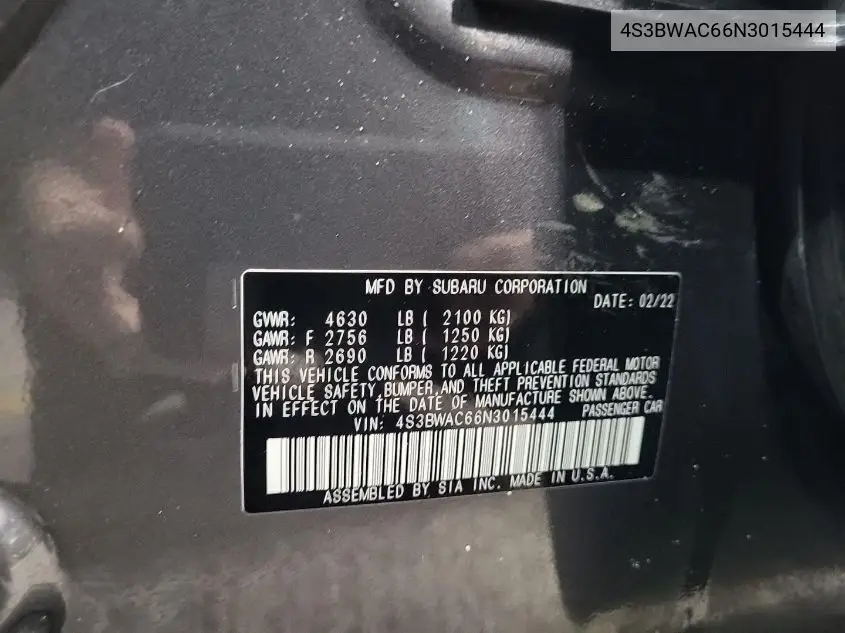 2022 Subaru Legacy Premium VIN: 4S3BWAC66N3015444 Lot: 42254045