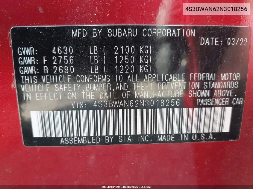 2022 Subaru Legacy Limited VIN: 4S3BWAN62N3018256 Lot: 42401099