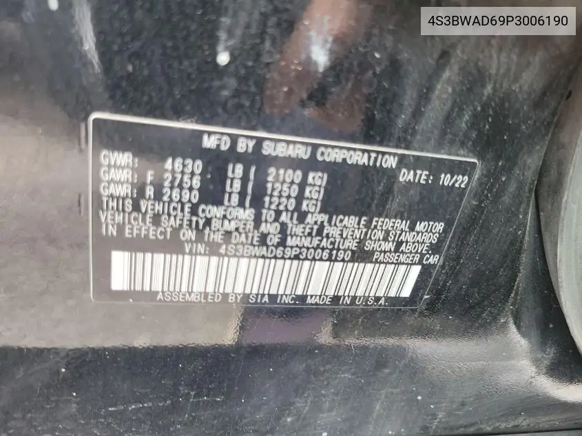 2023 Subaru Legacy Premium VIN: 4S3BWAD69P3006190 Lot: 42623816
