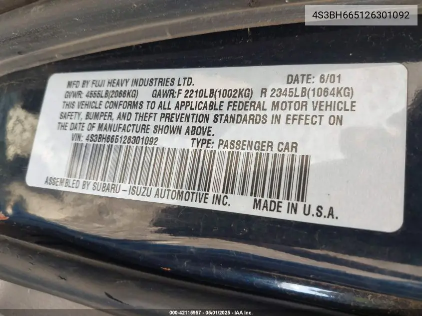 2002 Subaru Outback VIN: 4S3BH665126301092 Lot: 42115957