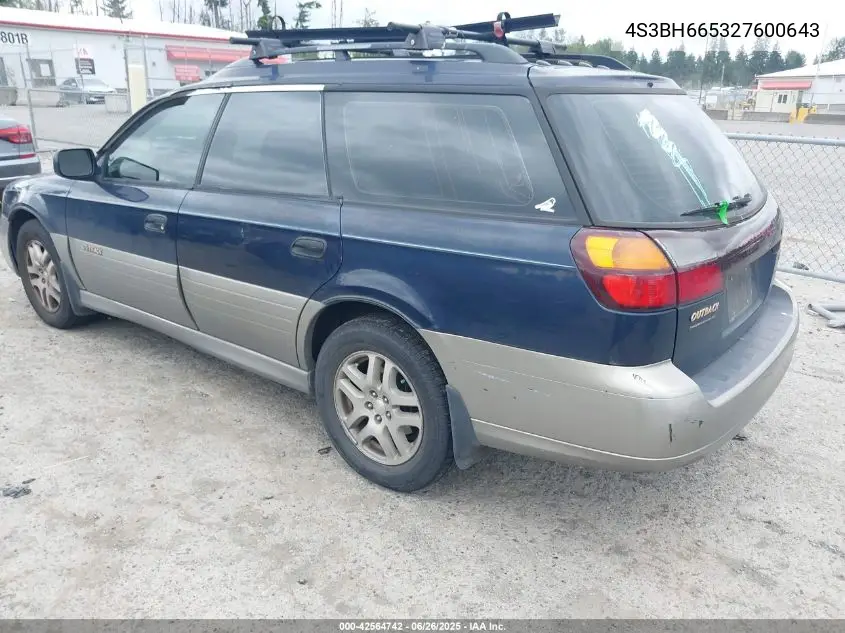 2002 Subaru Outback VIN: 4S3BH665327600643 Lot: 42564742