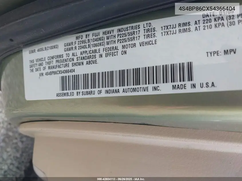 2005 Subaru Outback 3.0R L.l. Bean Edition VIN: 4S4BP86CX54366404 Lot: 42604113