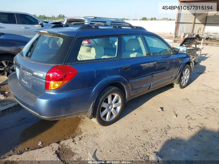 2007 Subaru Outback 2.5I VIN: 4S4BP61C577315194 Lot: 42238704