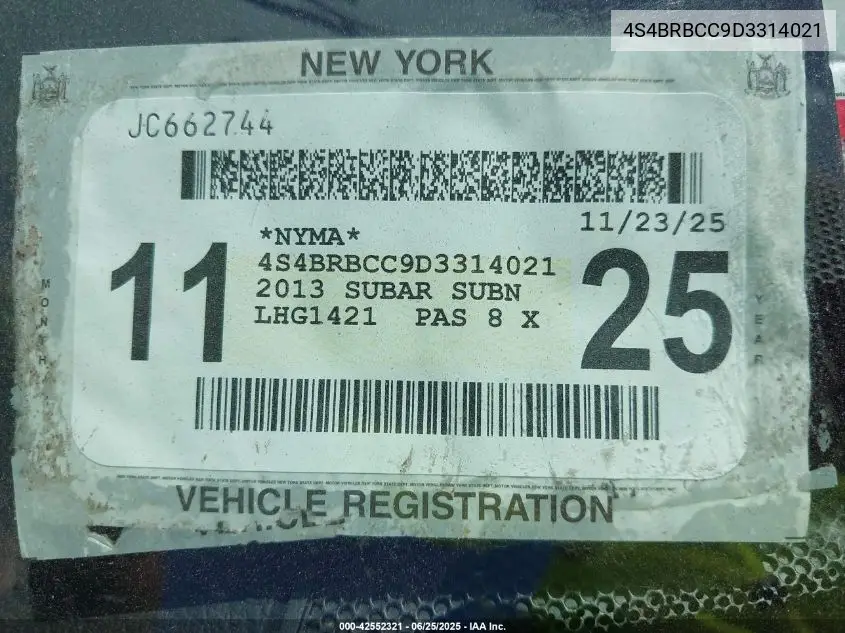2013 Subaru Outback 2.5I Premium VIN: 4S4BRBCC9D3314021 Lot: 42552321