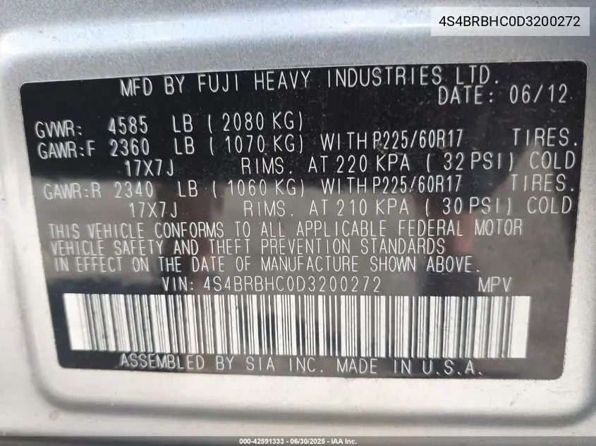 2013 Subaru Outback 2.5I Premium VIN: 4S4BRBHC0D3200272 Lot: 42591333