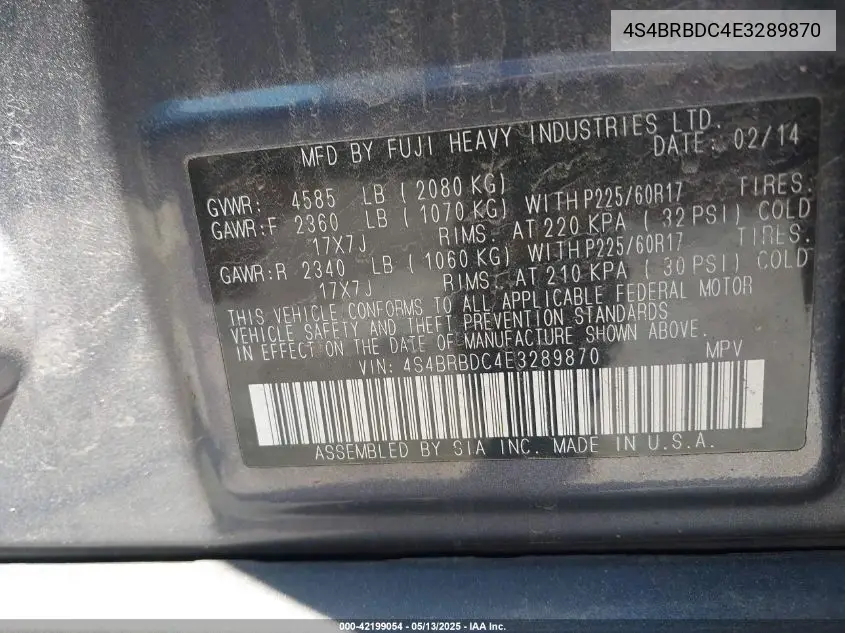 2014 Subaru Outback 2.5I Premium VIN: 4S4BRBDC4E3289870 Lot: 42199054
