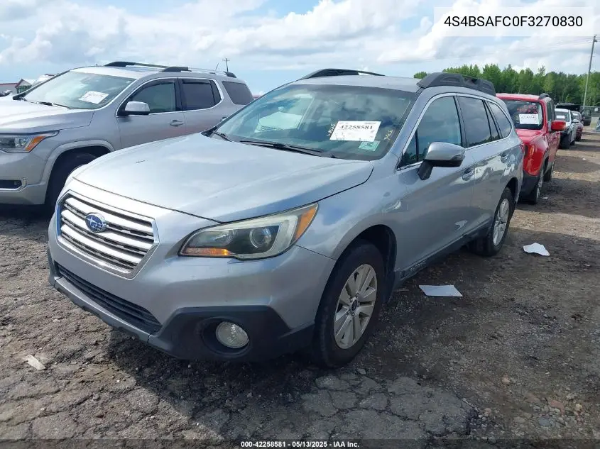 2015 Subaru Outback 2.5I Premium VIN: 4S4BSAFC0F3270830 Lot: 42258581