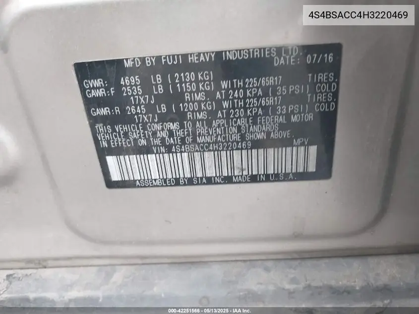 2017 Subaru Outback 2.5I Premium VIN: 4S4BSACC4H3220469 Lot: 42251566