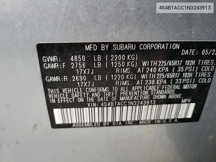 2022 Subaru Outback Premium VIN: 4S4BTACC1N3243913 Lot: 42254585