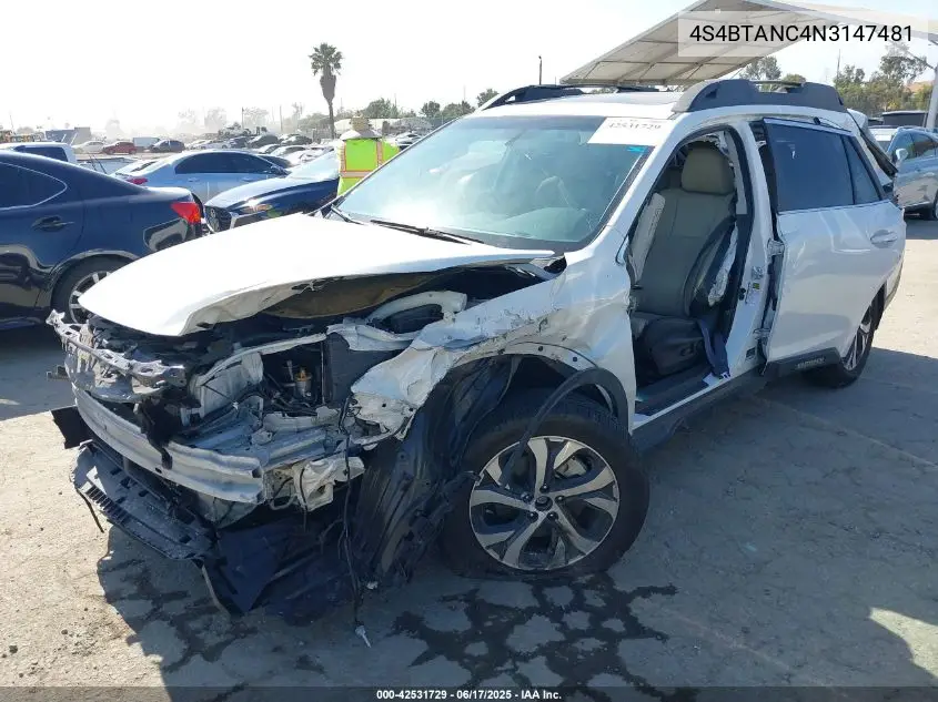 2022 Subaru Outback Limited VIN: 4S4BTANC4N3147481 Lot: 42531729