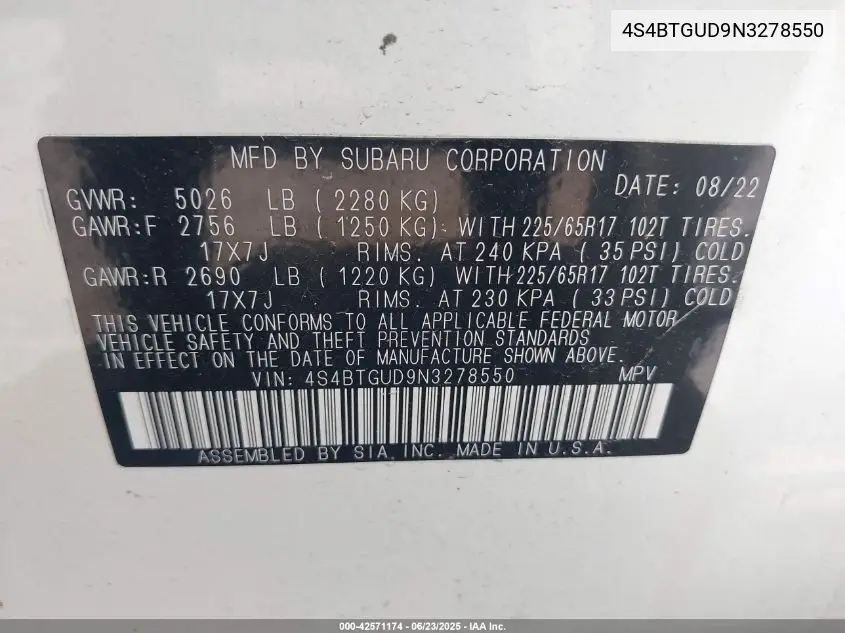 2022 Subaru Outback Wilderness VIN: 4S4BTGUD9N3278550 Lot: 42571174