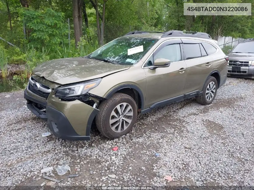 2022 Subaru Outback Premium VIN: 4S4BTADC0N3220086 Lot: 42571538