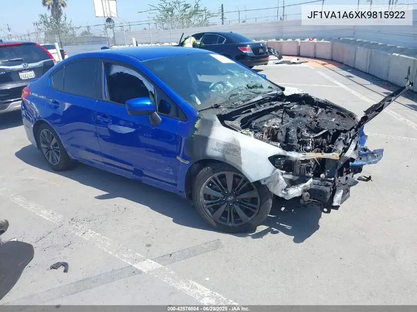 2019 Subaru Wrx VIN: JF1VA1A6XK9815922 Lot: 42576804