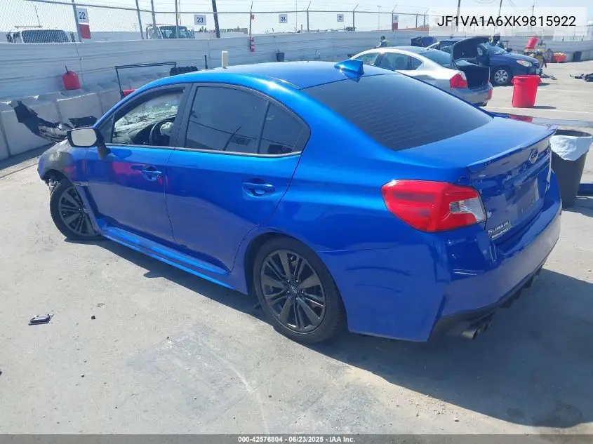 2019 Subaru Wrx VIN: JF1VA1A6XK9815922 Lot: 42576804