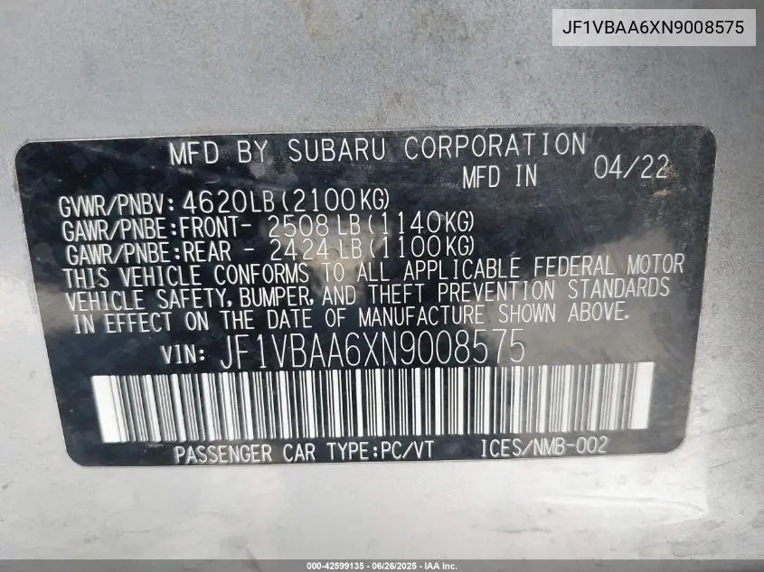 2022 Subaru Wrx VIN: JF1VBAA6XN9008575 Lot: 42599135