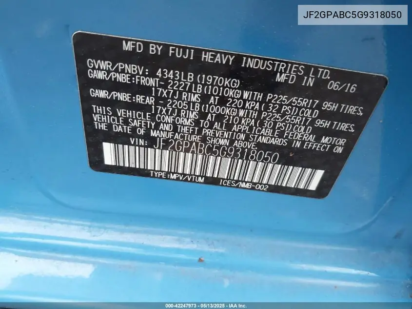 2016 Subaru Crosstrek 2.0I Premium VIN: JF2GPABC5G9318050 Lot: 42247973