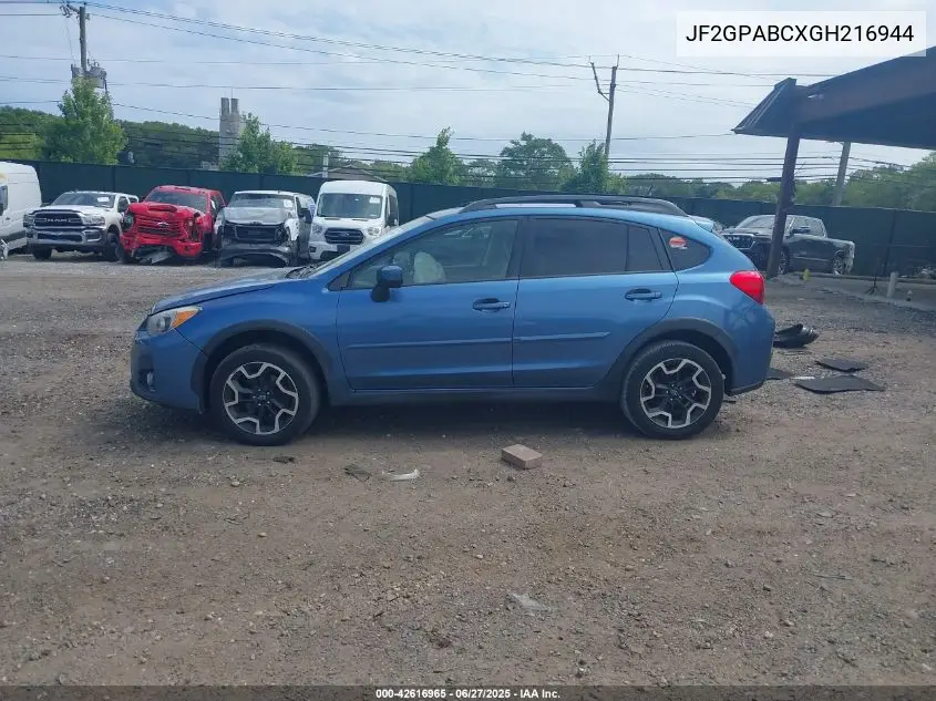 2016 Subaru Crosstrek 2.0I Premium VIN: JF2GPABCXGH216944 Lot: 42616965