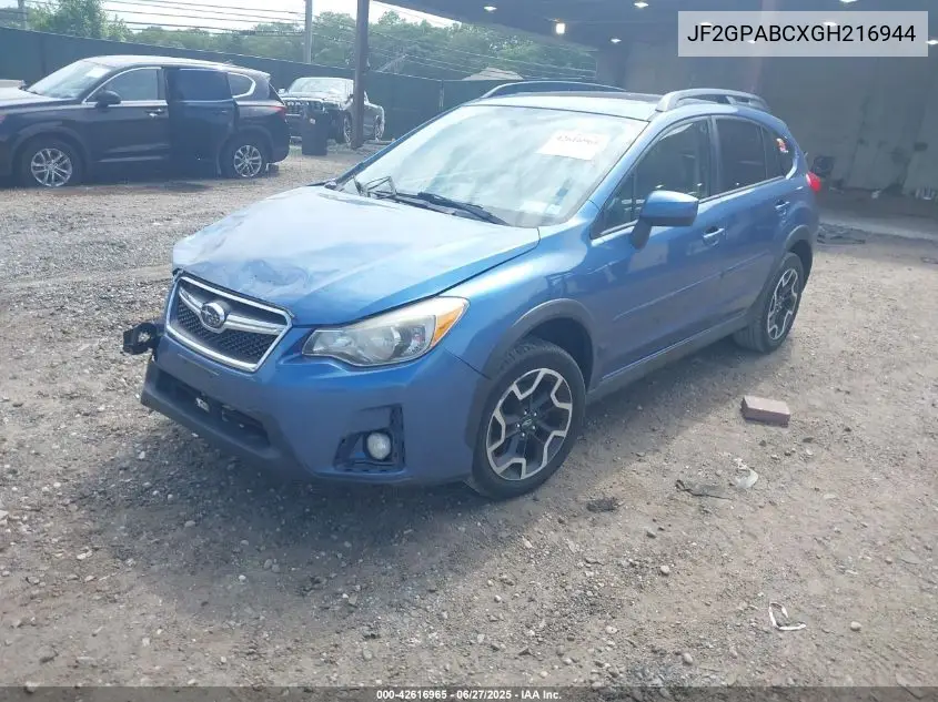2016 Subaru Crosstrek 2.0I Premium VIN: JF2GPABCXGH216944 Lot: 42616965
