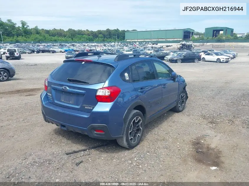 2016 Subaru Crosstrek 2.0I Premium VIN: JF2GPABCXGH216944 Lot: 42616965