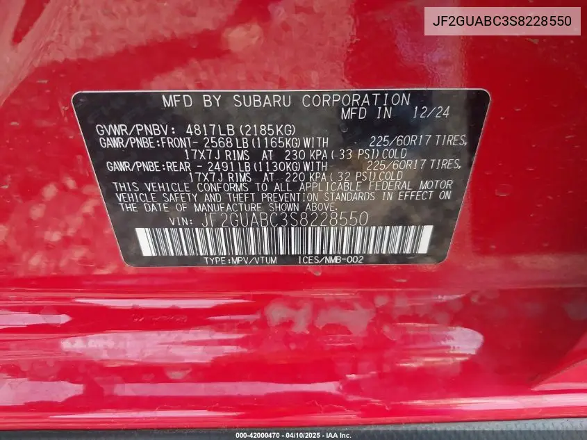 2025 Subaru Crosstrek VIN: JF2GUABC3S8228550 Lot: 42000470
