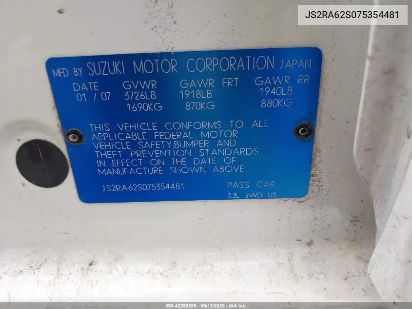 2007 Suzuki Aerio VIN: JS2RA62S075354481 Lot: 42250286