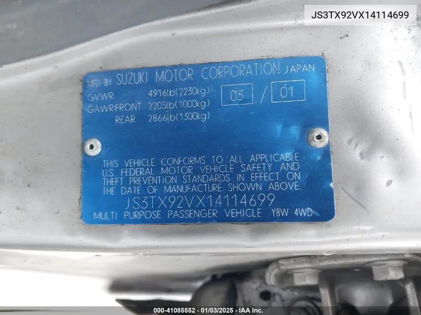 2001 Suzuki Grand Vitara Xl-7 Plus/Standard/Touring VIN: JS3TX92VX14114699 Lot: 41085552