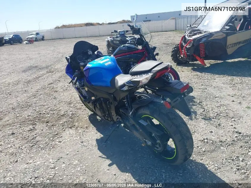 2022 Suzuki Gsx-R750 VIN: JS1GR7MA6N7100998 Lot: 12305787