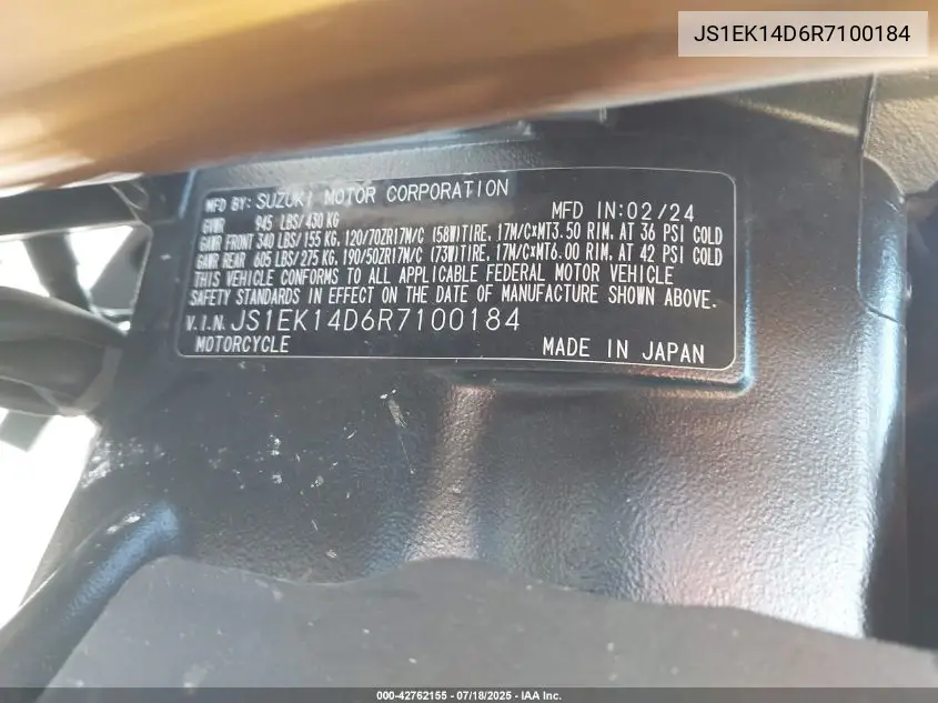 2024 Suzuki Gsx1000 Gx VIN: JS1EK14D6R7100184 Lot: 42762155