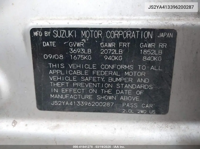 2009 Suzuki Sx4 Technology VIN: JS2YA413396200287 Lot: 41841278