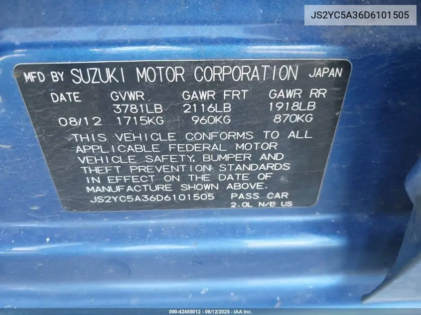 2013 Suzuki Sx4 Le/Le Popular VIN: JS2YC5A36D6101505 Lot: 42485012