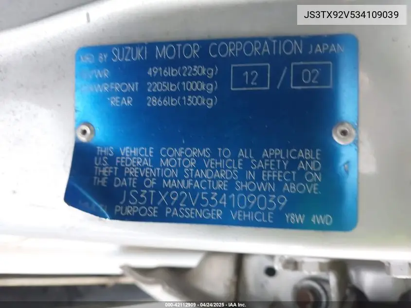 2003 Suzuki Xl-7 Ltd/Touring VIN: JS3TX92V534109039 Lot: 42112909