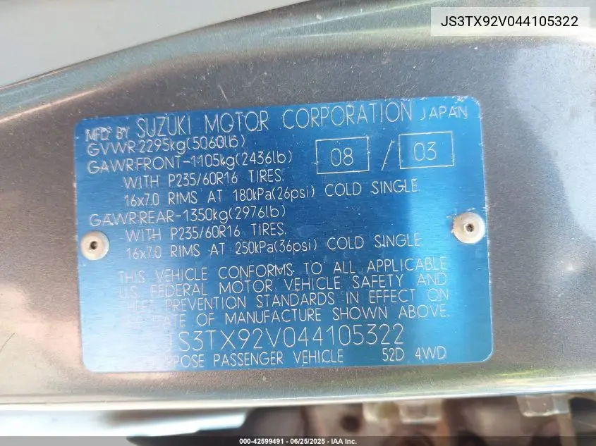 2004 Suzuki Xl-7 Ex/Lx VIN: JS3TX92V044105322 Lot: 42599491