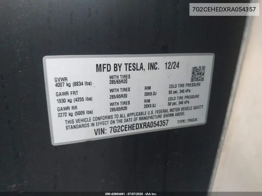 2024 Tesla Cybertruck All-Wheel Drive VIN: 7G2CEHEDXRA054357 Lot: 42664461