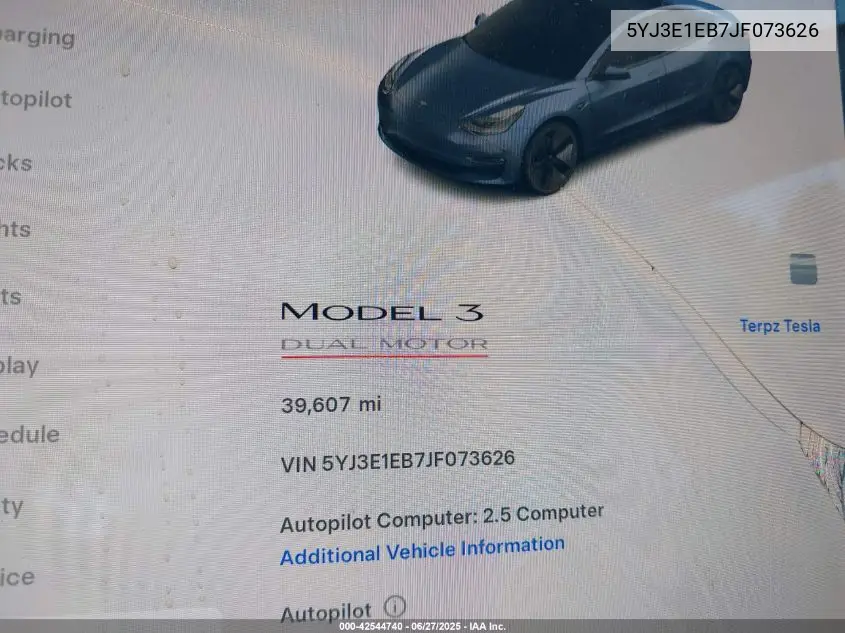 2018 Tesla Model 3 Long Range/Performance VIN: 5YJ3E1EB7JF073626 Lot: 42544740