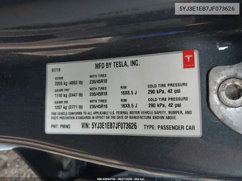 2018 Tesla Model 3 Long Range/Performance VIN: 5YJ3E1EB7JF073626 Lot: 42544740