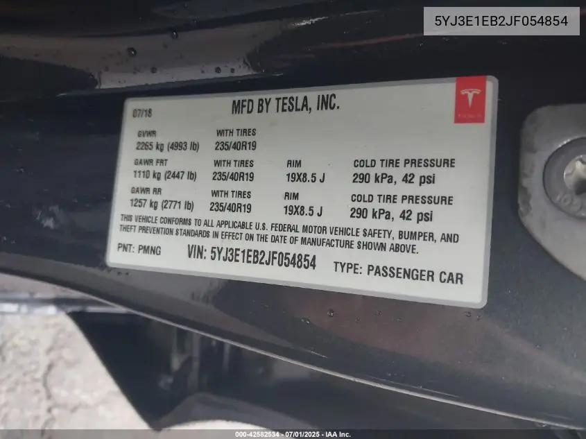 2018 Tesla Model 3 Long Range/Performance VIN: 5YJ3E1EB2JF054854 Lot: 42582534