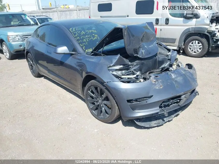 2019 Tesla Model 3 Long Range/Performance VIN: 5YJ3E1EB3KF437543 Lot: 12343994