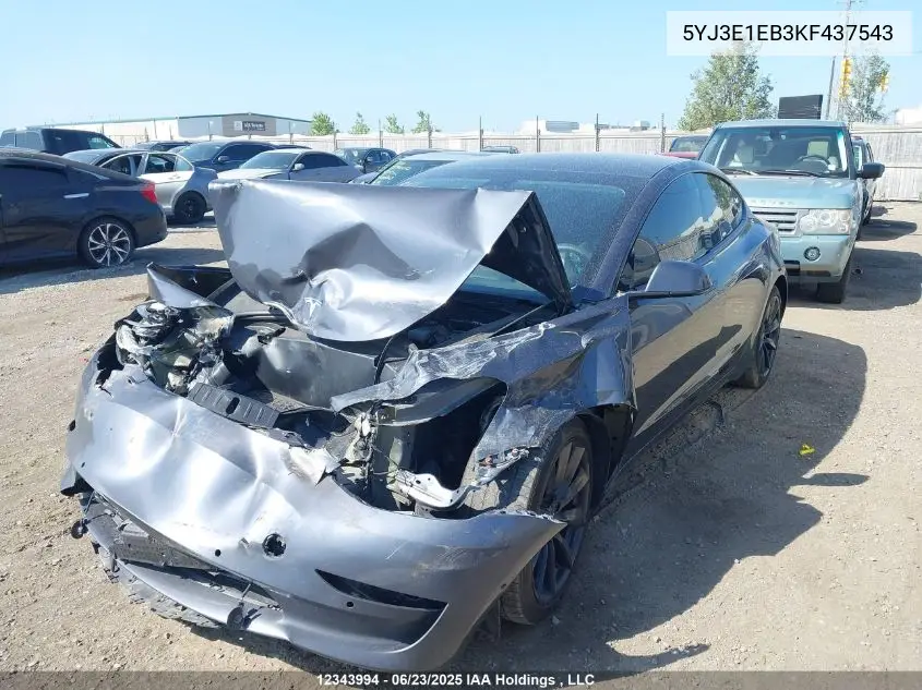 2019 Tesla Model 3 Long Range/Performance VIN: 5YJ3E1EB3KF437543 Lot: 12343994