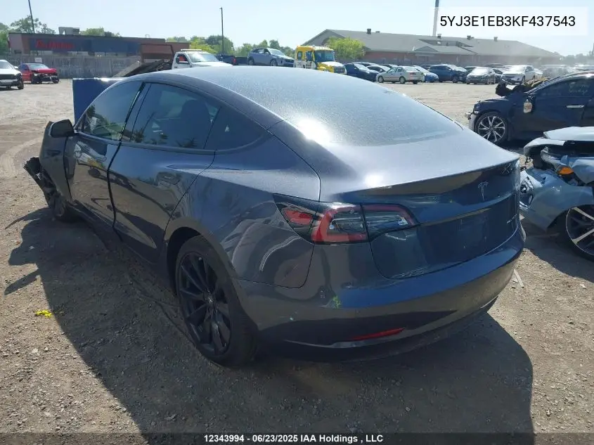 2019 Tesla Model 3 Long Range/Performance VIN: 5YJ3E1EB3KF437543 Lot: 12343994