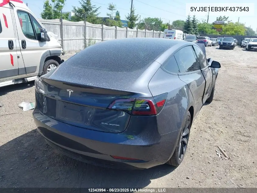 2019 Tesla Model 3 Long Range/Performance VIN: 5YJ3E1EB3KF437543 Lot: 12343994