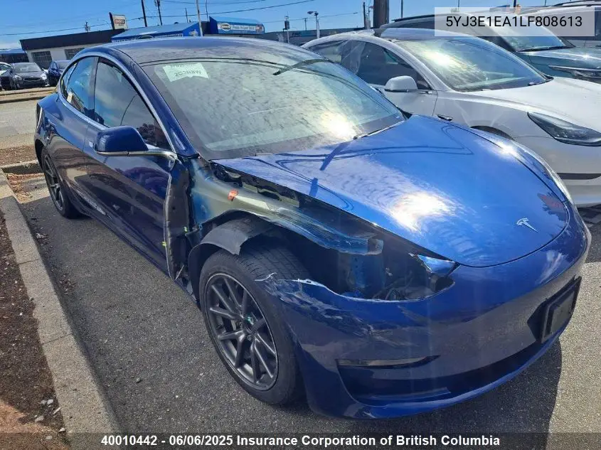 2020 Tesla Model 3 Standard Range Plus VIN: 5YJ3E1EA1LF808613 Lot: 40010442
