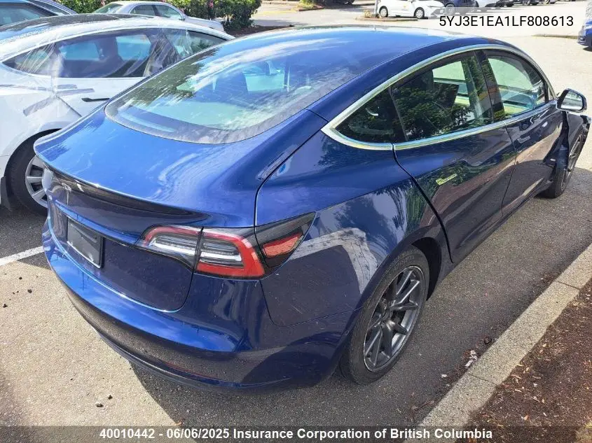 2020 Tesla Model 3 Standard Range Plus VIN: 5YJ3E1EA1LF808613 Lot: 40010442